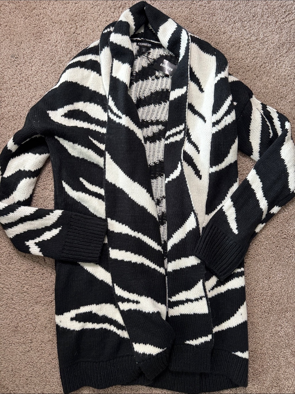 Express Black & White Zebra-Print Shawl-Collar Cardigan